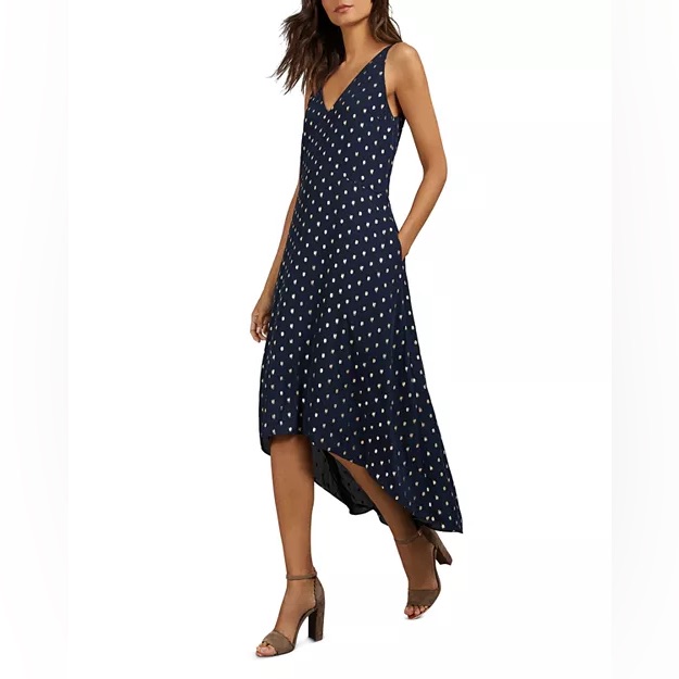 Ted Baker Printed Navy Blue Metallic-Dot High Low Dress